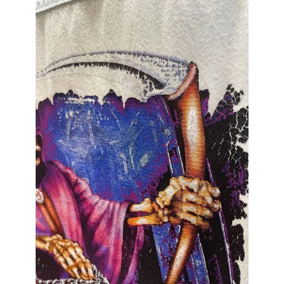 Biker Design Cut Off Light Wash Denim Shirt Graphic Skull Dogs Size Medium - Picture 8 of 10